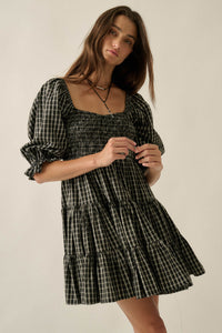 Square Dance Plaid Smocked Puff-Sleeve Mini Dress - ShopPromesa