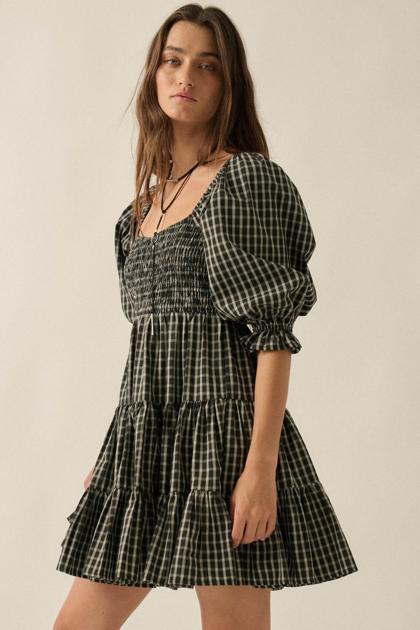 Square Dance Plaid Smocked Puff-Sleeve Mini Dress - ShopPromesa