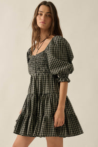 Square Dance Plaid Smocked Puff-Sleeve Mini Dress - ShopPromesa