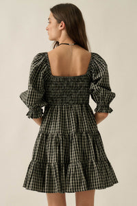 Square Dance Plaid Smocked Puff-Sleeve Mini Dress - ShopPromesa