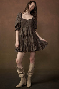 Square Dance Plaid Smocked Puff-Sleeve Mini Dress - ShopPromesa