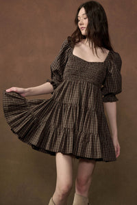 Square Dance Plaid Smocked Puff-Sleeve Mini Dress - ShopPromesa