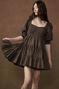 Square Dance Plaid Smocked Puff-Sleeve Mini Dress - ShopPromesa