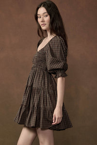 Square Dance Plaid Smocked Puff-Sleeve Mini Dress - ShopPromesa
