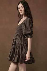 Square Dance Plaid Smocked Puff-Sleeve Mini Dress - ShopPromesa