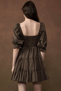 Square Dance Plaid Smocked Puff-Sleeve Mini Dress - ShopPromesa