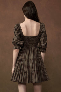 Square Dance Plaid Smocked Puff-Sleeve Mini Dress - ShopPromesa