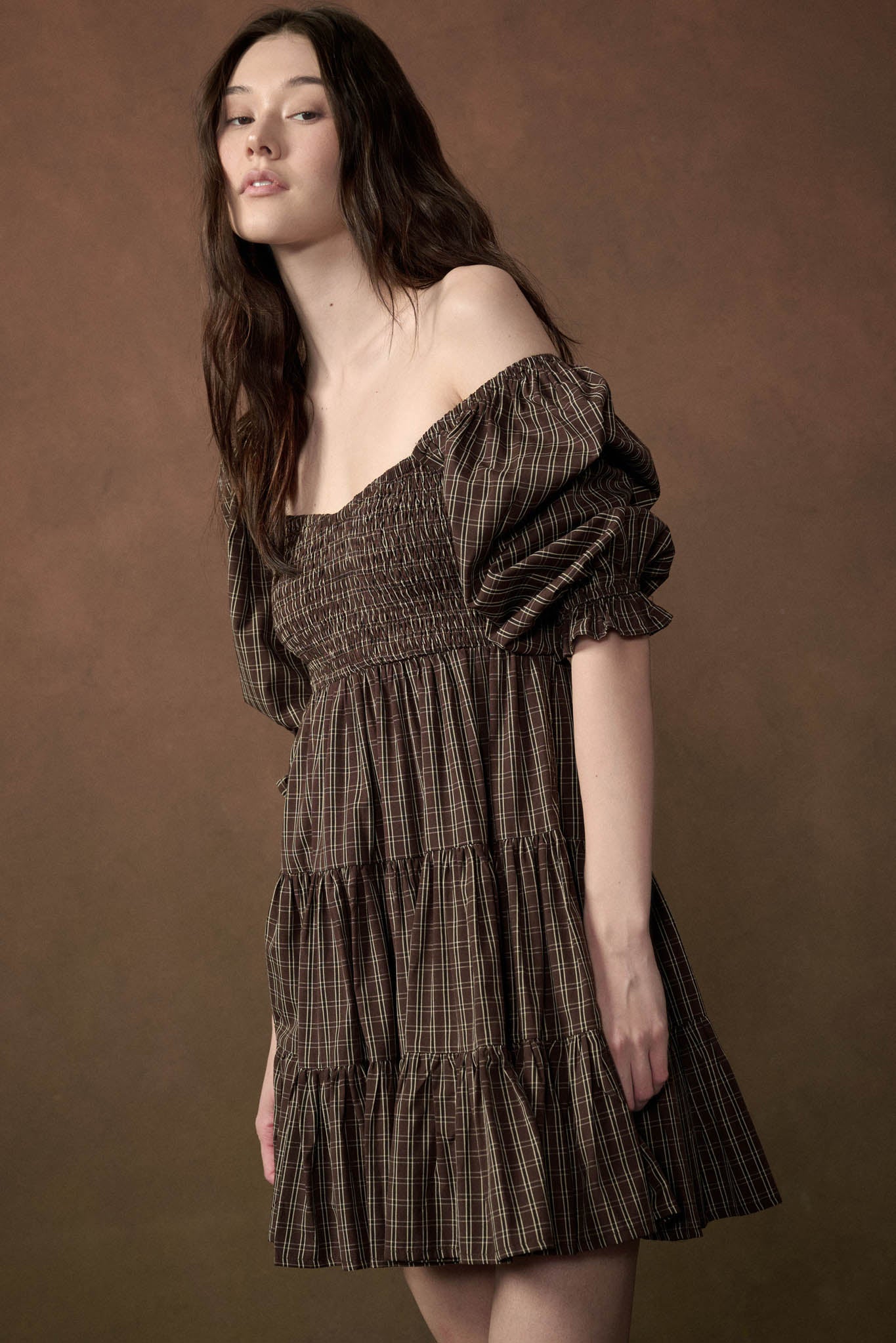 Square Dance Plaid Smocked Puff-Sleeve Mini Dress - ShopPromesa