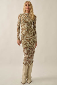 Garden Haze Floral Mesh Mock-Neck Midi Dress - ShopPromesa