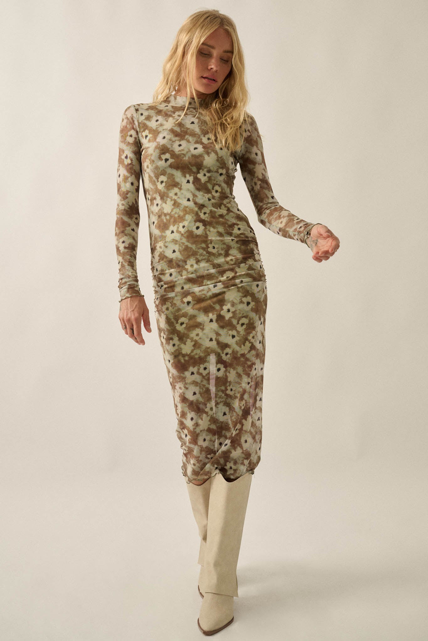 Garden Haze Floral Mesh Mock-Neck Midi Dress - ShopPromesa