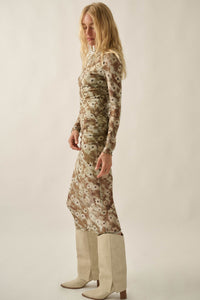 Garden Haze Floral Mesh Mock-Neck Midi Dress - ShopPromesa