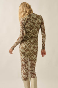 Garden Haze Floral Mesh Mock-Neck Midi Dress - ShopPromesa