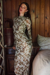 Garden Haze Floral Mesh Mock-Neck Midi Dress - ShopPromesa