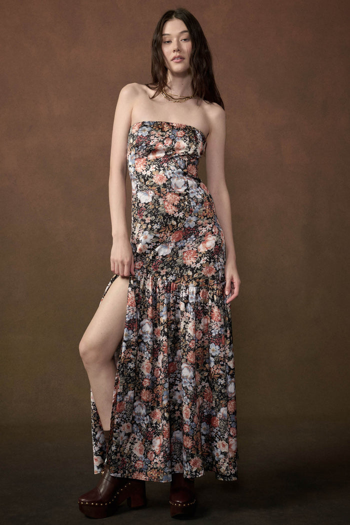 Garden Glam Floral Satin Strapless Maxi Dress - ShopPromesa