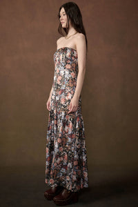 Garden Glam Floral Satin Strapless Maxi Dress - ShopPromesa