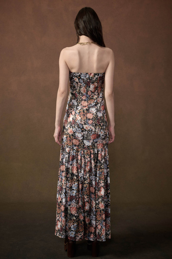 Garden Glam Floral Satin Strapless Maxi Dress - ShopPromesa