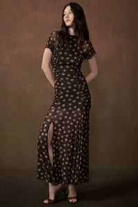 Star Gazer Printed Mesh Short-Sleeve Ruched Maxi Dress - ShopPromesa
