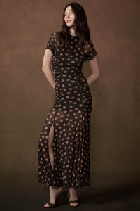 Star Gazer Printed Mesh Short-Sleeve Ruched Maxi Dress - ShopPromesa