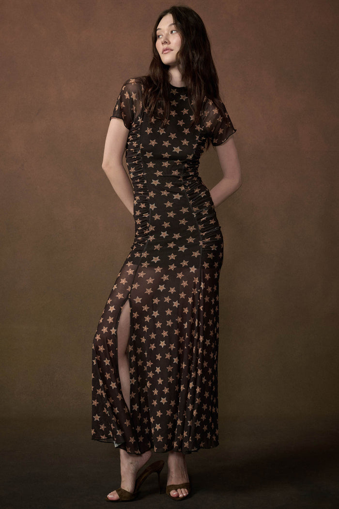 Star Gazer Printed Mesh Short-Sleeve Ruched Maxi Dress - ShopPromesa