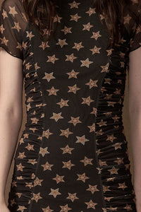 Star Gazer Printed Mesh Short-Sleeve Ruched Maxi Dress - ShopPromesa