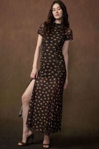 Star Gazer Printed Mesh Short-Sleeve Ruched Maxi Dress - ShopPromesa