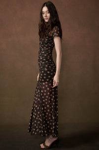 Star Gazer Printed Mesh Short-Sleeve Ruched Maxi Dress - ShopPromesa