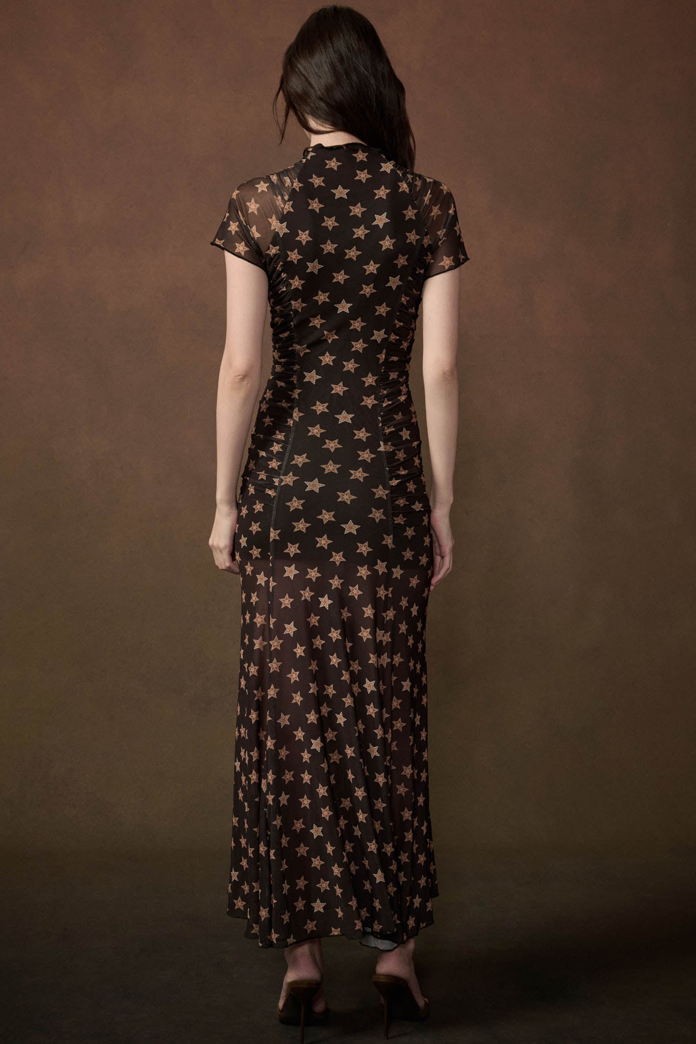 Star Gazer Printed Mesh Short-Sleeve Ruched Maxi Dress - ShopPromesa