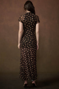 Star Gazer Printed Mesh Short-Sleeve Ruched Maxi Dress - ShopPromesa