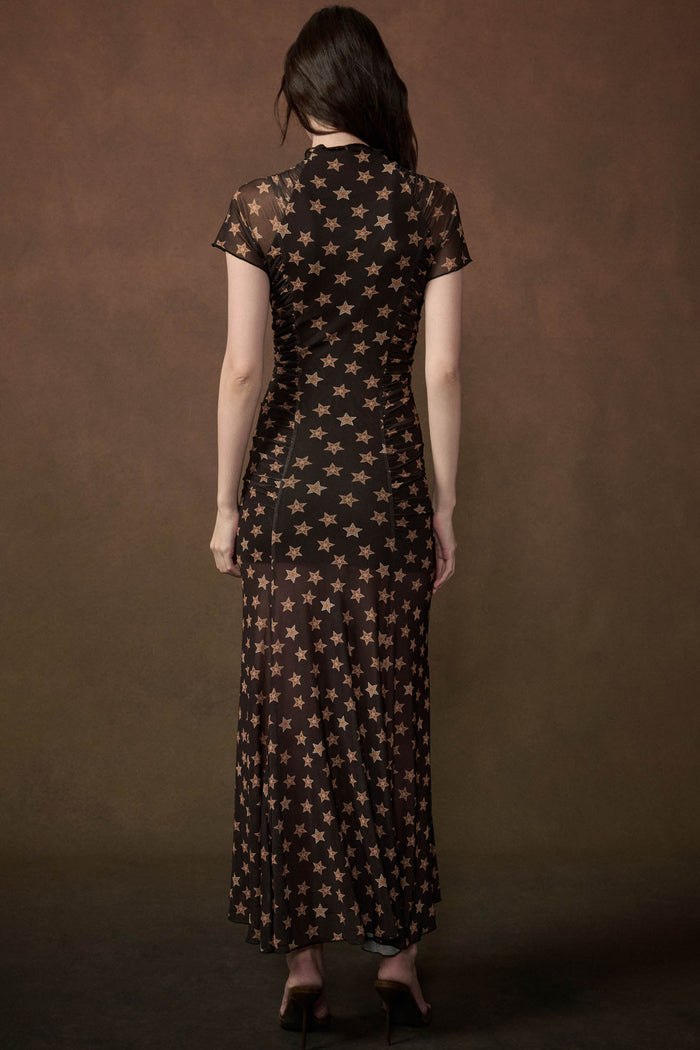 Star Gazer Printed Mesh Short-Sleeve Ruched Maxi Dress - ShopPromesa
