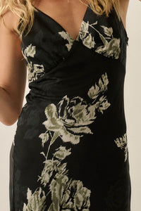 Darkest Rose Floral Satin V-Neck Maxi Slip Dress - ShopPromesa