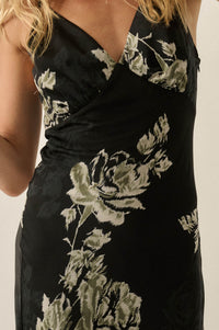 Darkest Rose Floral Satin V-Neck Maxi Slip Dress - ShopPromesa