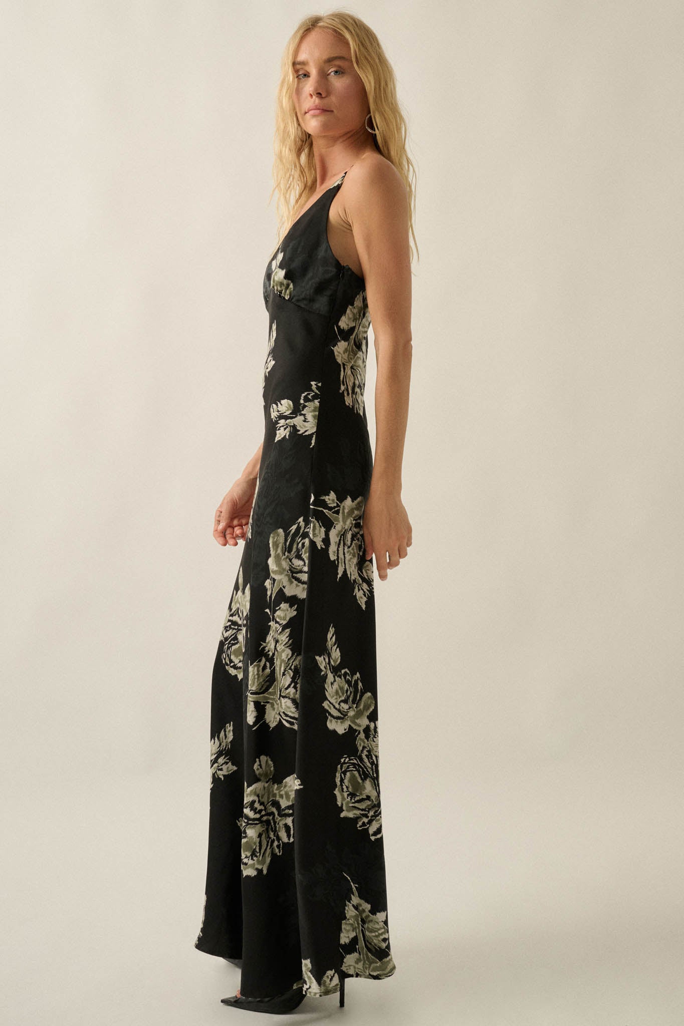 Darkest Rose Floral Satin V-Neck Maxi Slip Dress - ShopPromesa