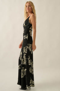 Darkest Rose Floral Satin V-Neck Maxi Slip Dress - ShopPromesa