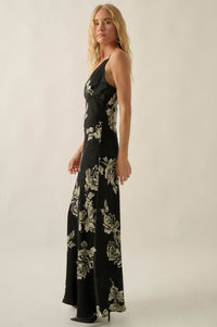 Darkest Rose Floral Satin V-Neck Maxi Slip Dress - ShopPromesa