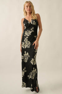 Darkest Rose Floral Satin V-Neck Maxi Slip Dress - ShopPromesa