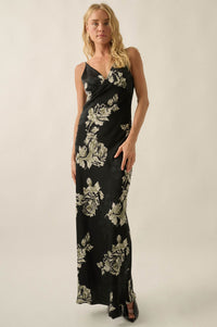 Darkest Rose Floral Satin V-Neck Maxi Slip Dress - ShopPromesa