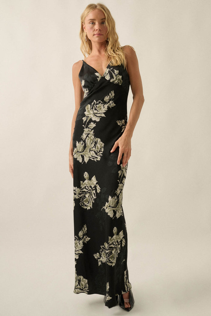 Darkest Rose Floral Satin V-Neck Maxi Slip Dress - ShopPromesa