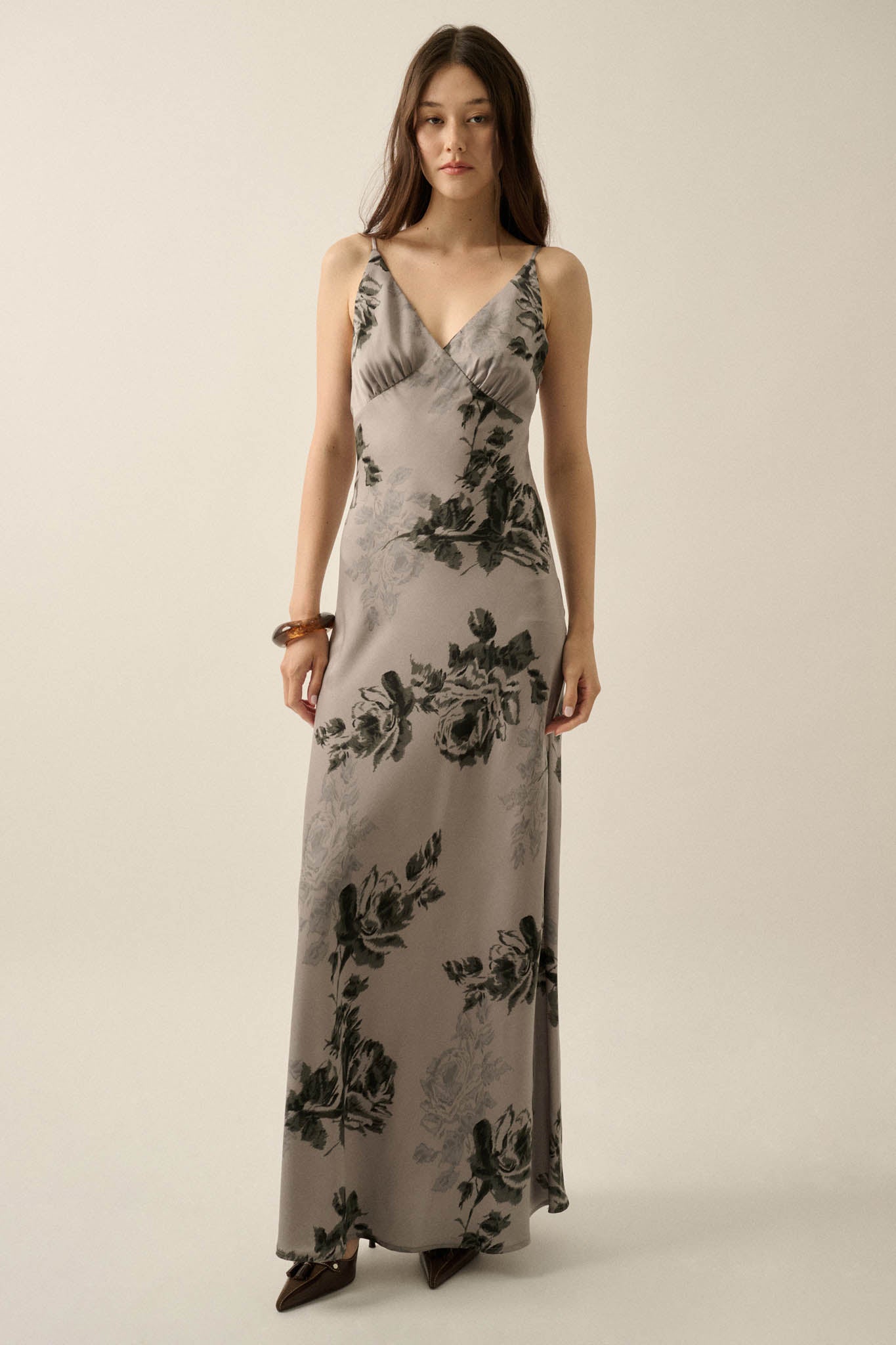 Darkest Rose Floral Satin V-Neck Maxi Slip Dress - ShopPromesa