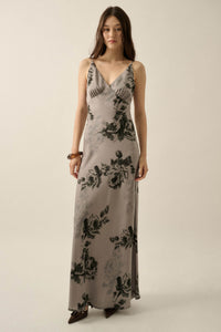 Darkest Rose Floral Satin V-Neck Maxi Slip Dress - ShopPromesa