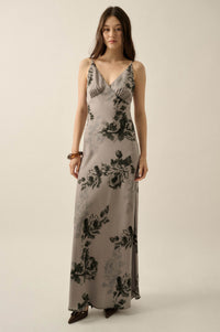 Darkest Rose Floral Satin V-Neck Maxi Slip Dress - ShopPromesa