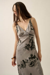 Darkest Rose Floral Satin V-Neck Maxi Slip Dress - ShopPromesa