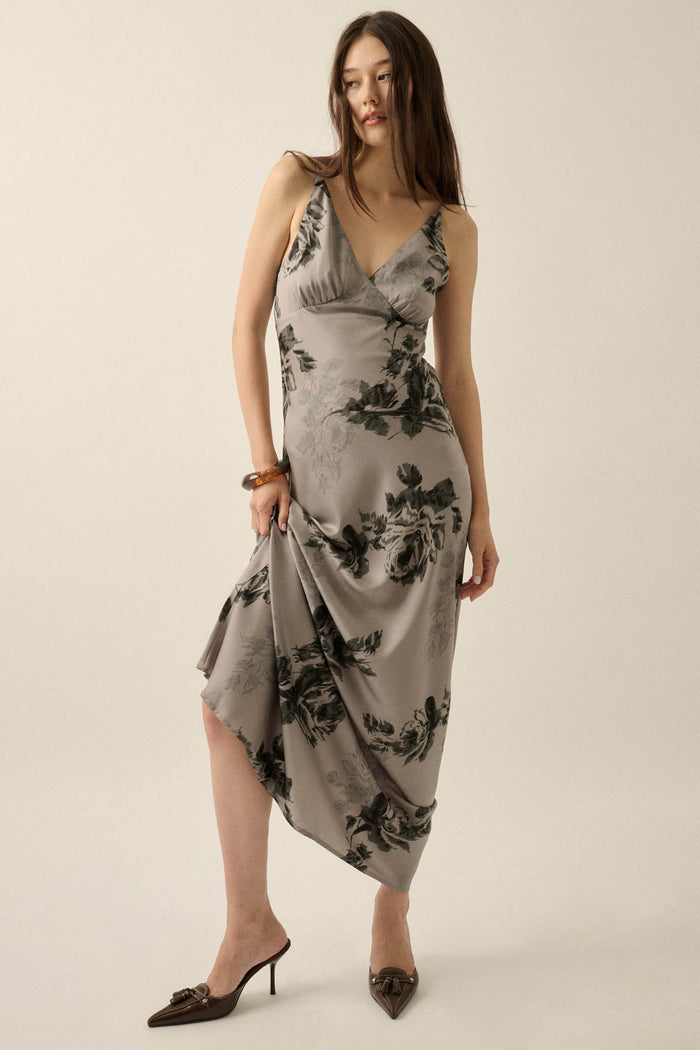 Darkest Rose Floral Satin V-Neck Maxi Slip Dress - ShopPromesa