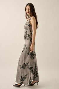 Darkest Rose Floral Satin V-Neck Maxi Slip Dress - ShopPromesa