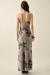 Darkest Rose Floral Satin V-Neck Maxi Slip Dress - ShopPromesa