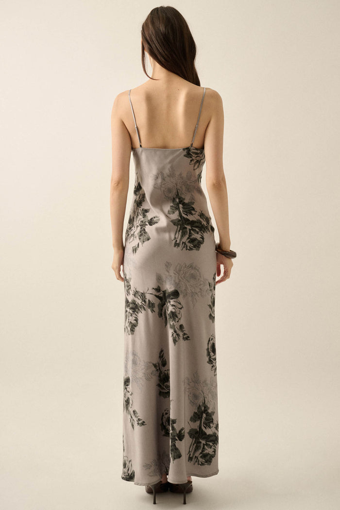 Darkest Rose Floral Satin V-Neck Maxi Slip Dress - ShopPromesa