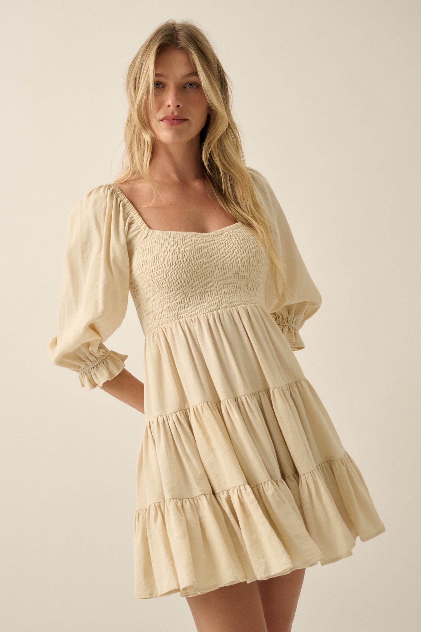 Sunday Picnic Smocked Puff-Sleeve Tiered Mini Dress - ShopPromesa