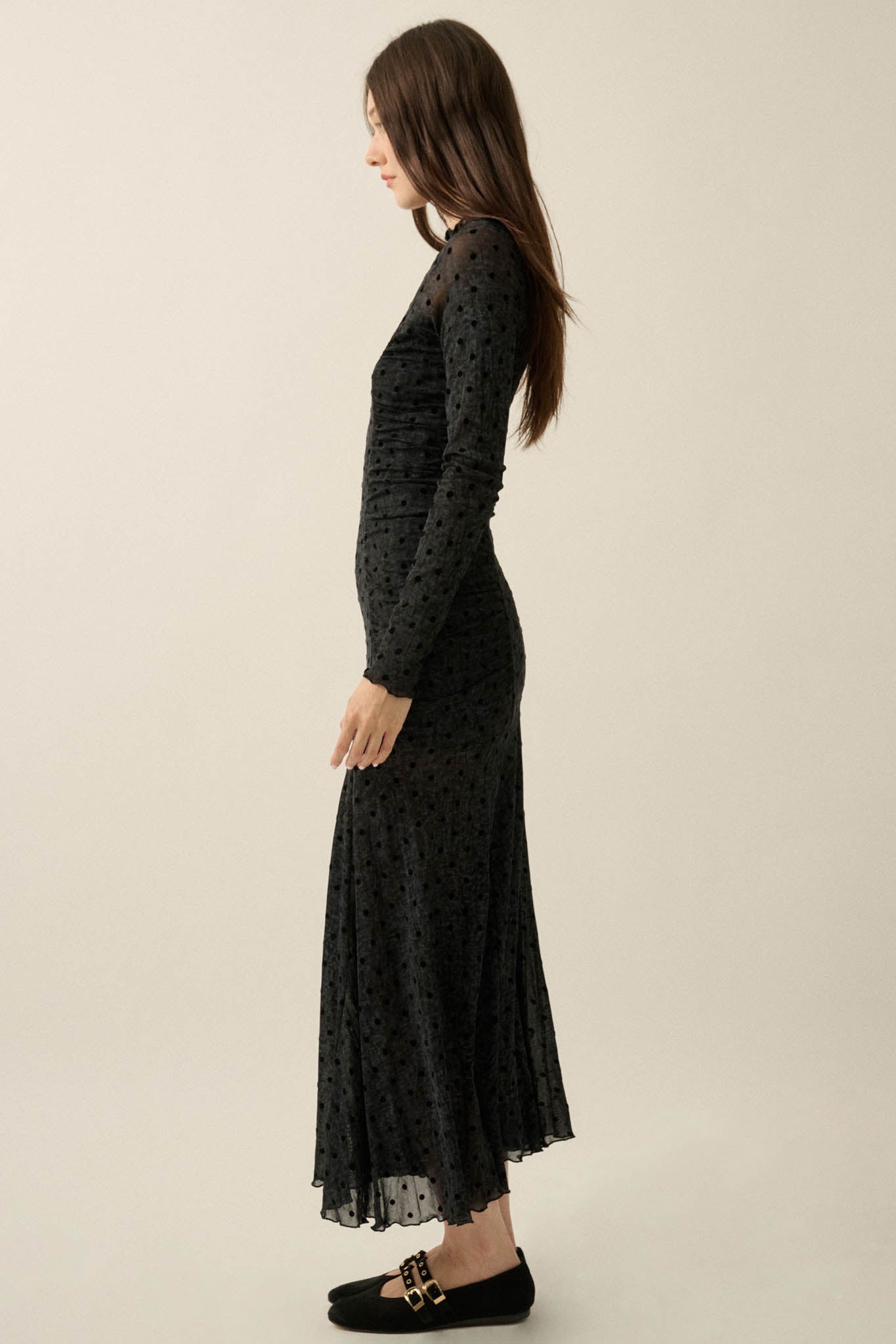 Beauty Spot Polka Dot Mesh Ruched Maxi Dress - ShopPromesa