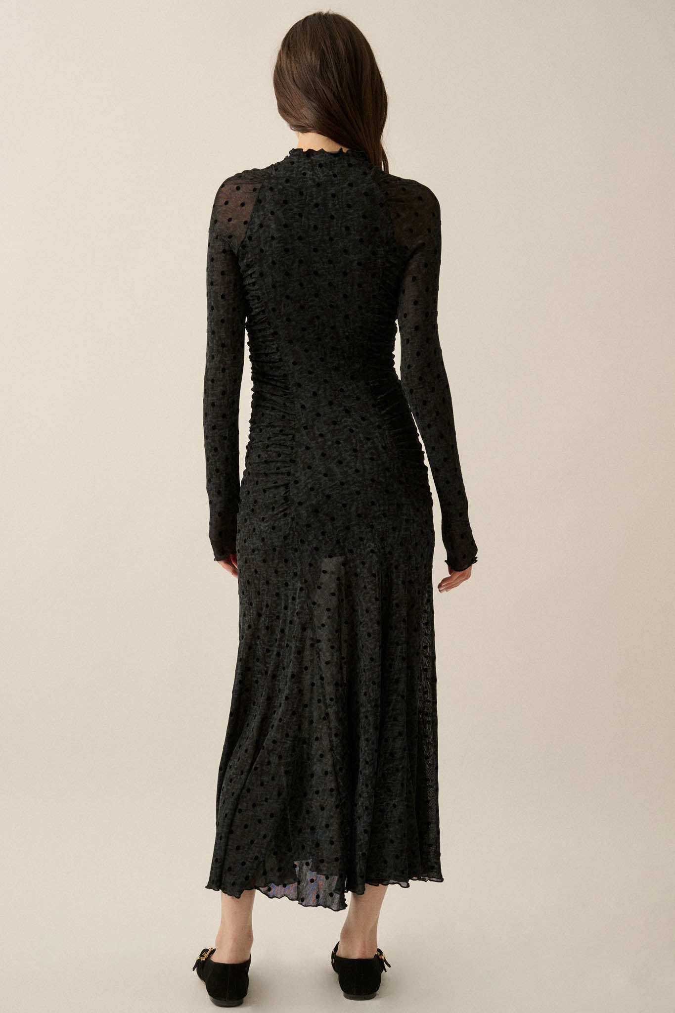 Beauty Spot Polka Dot Mesh Ruched Maxi Dress - ShopPromesa