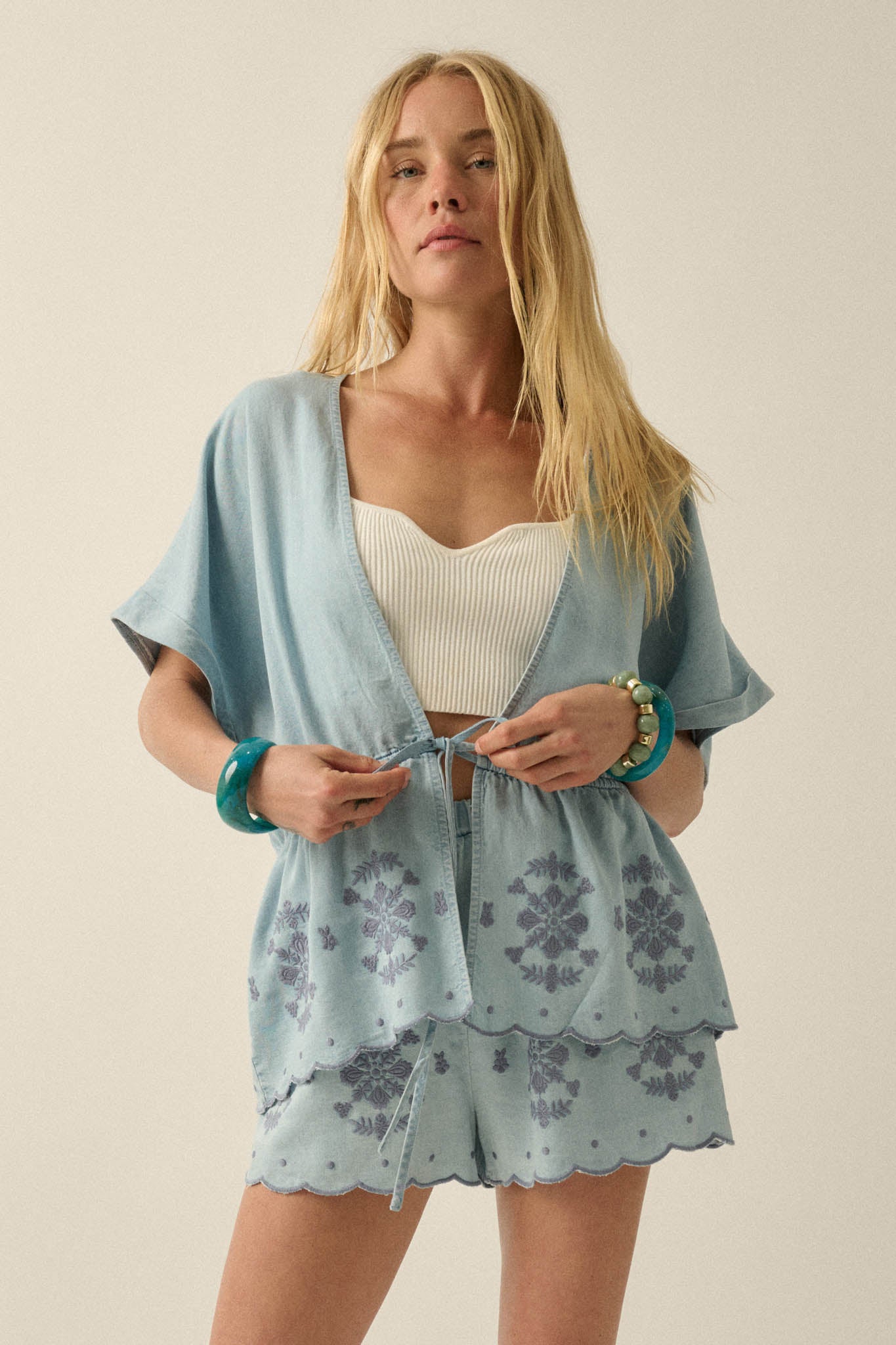Gorgeous Day Embroidered Denim Drawstring Kimono - ShopPromesa
