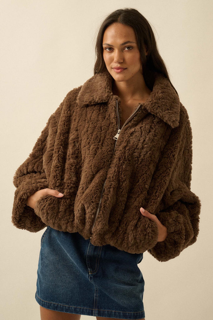Fur Sure Faux Fur Collared Zip-Up Teddy Jacket - ShopPromesa